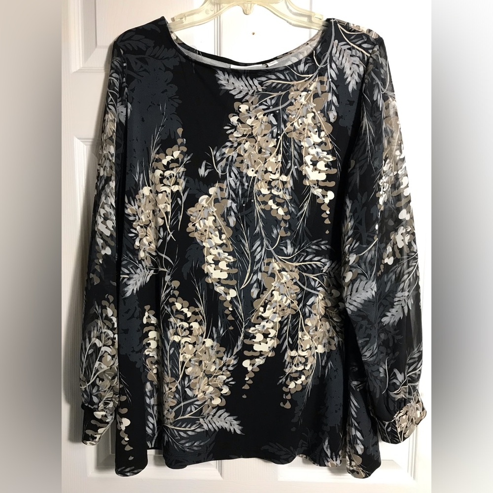 Susan Graver Black Floral V-Neck Blouse - Neutral Floral Print 1X